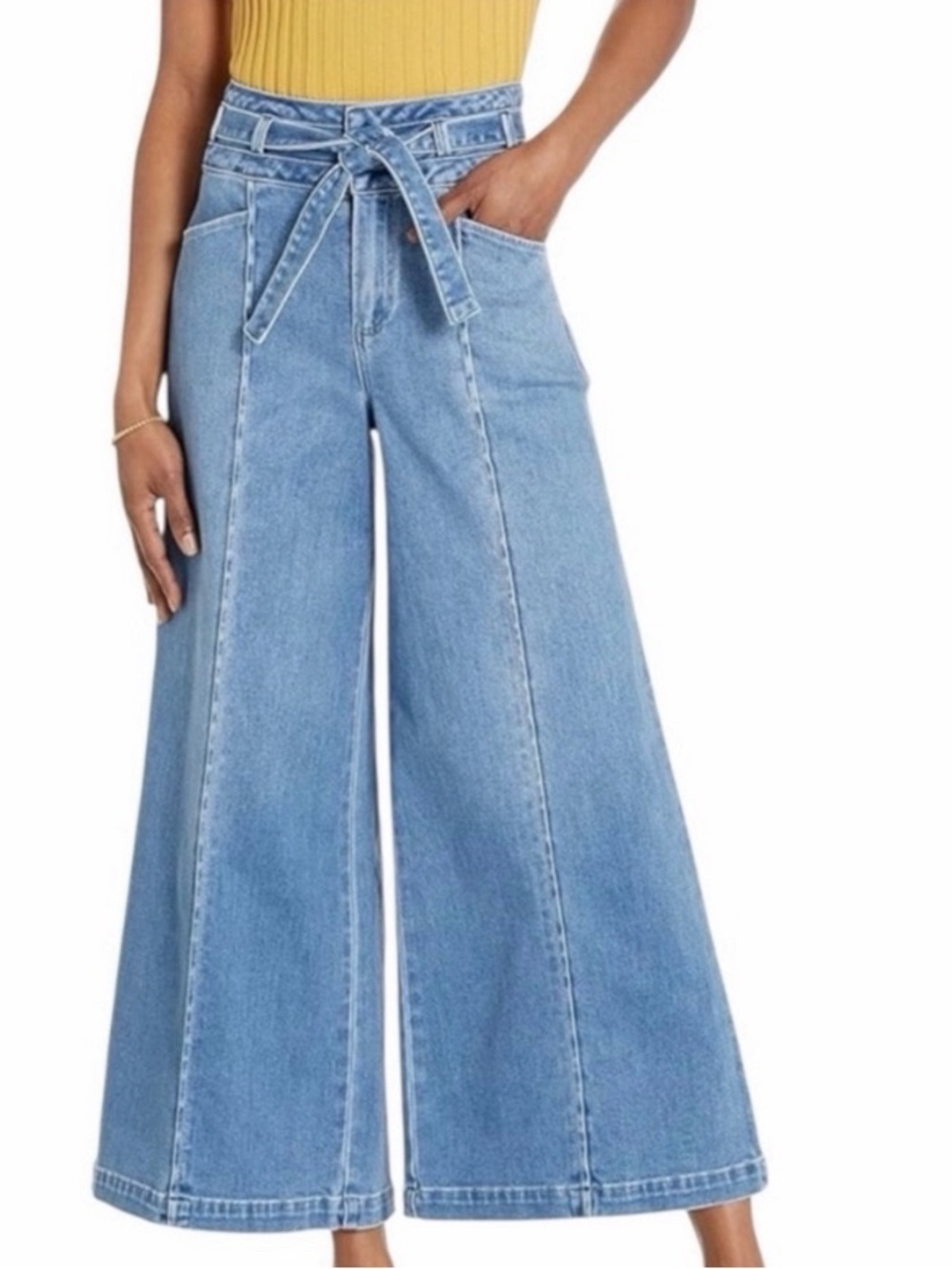 PAIGE Light Blue High-Waist Wide-Leg Tie-Belt Jeans